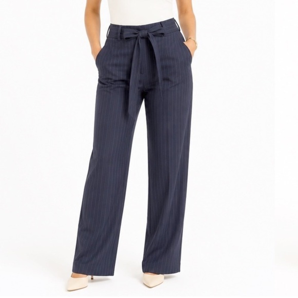 Loft Navy Blue Pinstripe Tie Waist Straight Leg Dress Pants 10
